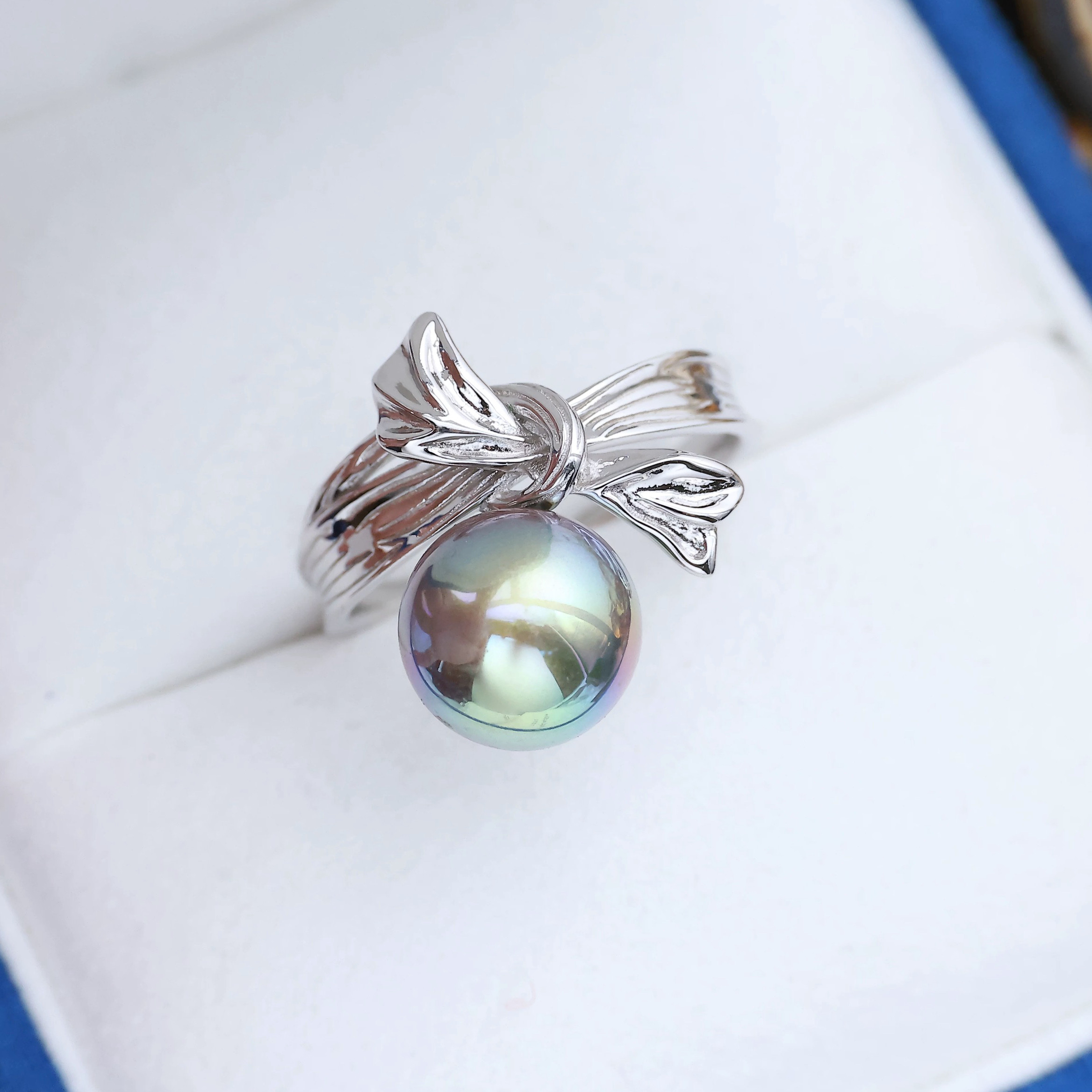 DIY珍珠配件 S925纯银蝴蝶结戒指空托 指环戒托指圈配9-12mm圆