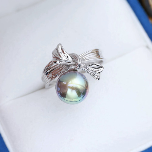 DIY珍珠配件 S925纯银蝴蝶结戒指空托 指环戒托指圈配9-12mm圆