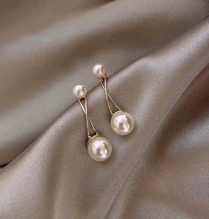 DIY珍珠配件 S925纯银双珠交叉款耳钉耳环韩国流行耳饰空托配饰女