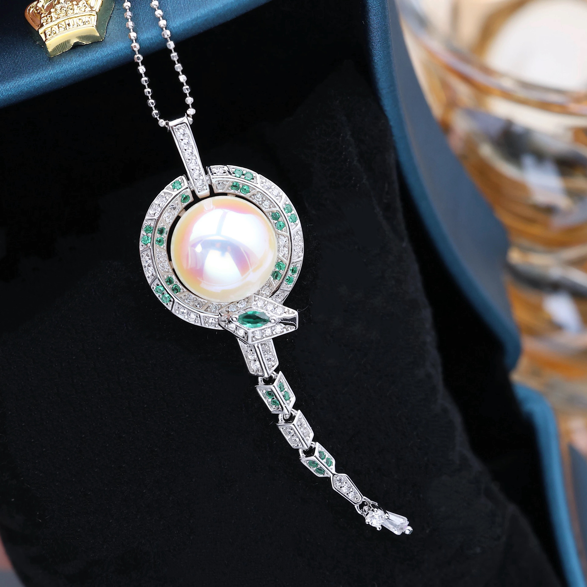 DIY配件 S925纯银灵动蛇形吊坠空托 珍珠项链挂坠子配12-14mm圆扁