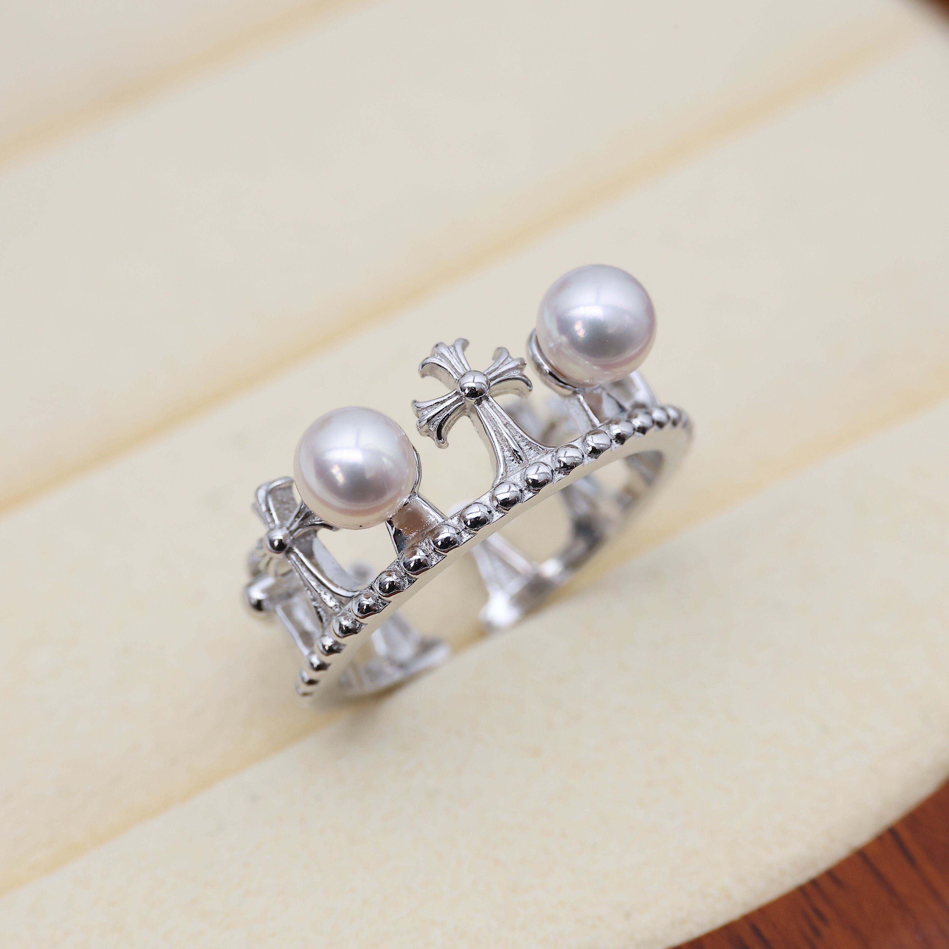 DIY配件 S925纯银时尚开口戒指空托 珍珠指环戒托手饰配4-6mm圆扁