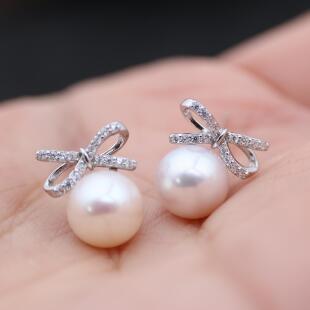 8mm 珍珠耳饰耳环配6 DIY配件 S925纯银小清新蝴蝶结珍珠耳钉空托