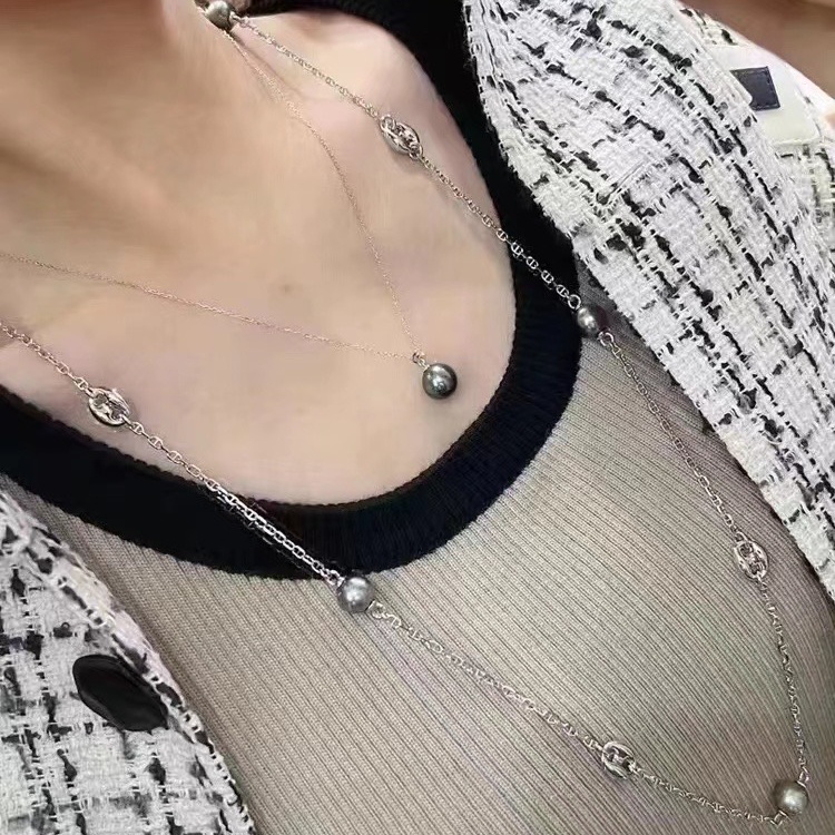 DIY珍珠配件 S925纯银80cm猪鼻孔长项链空托 毛衣链子吊坠颈链子