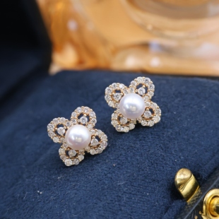 6mm圆扁 珍珠耳饰耳坠子托5 DIY配件 S925纯银气质花朵耳钉空托