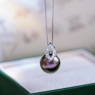 12mm圆 珍珠项链挂坠子女配9 DIY配件 S925纯银简约镶钻吊坠空托