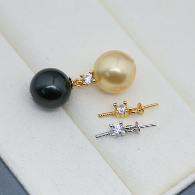 DIY配件 S925纯银单钻双珠连接头吊坠托 珍珠吊坠耳环加长加珠子