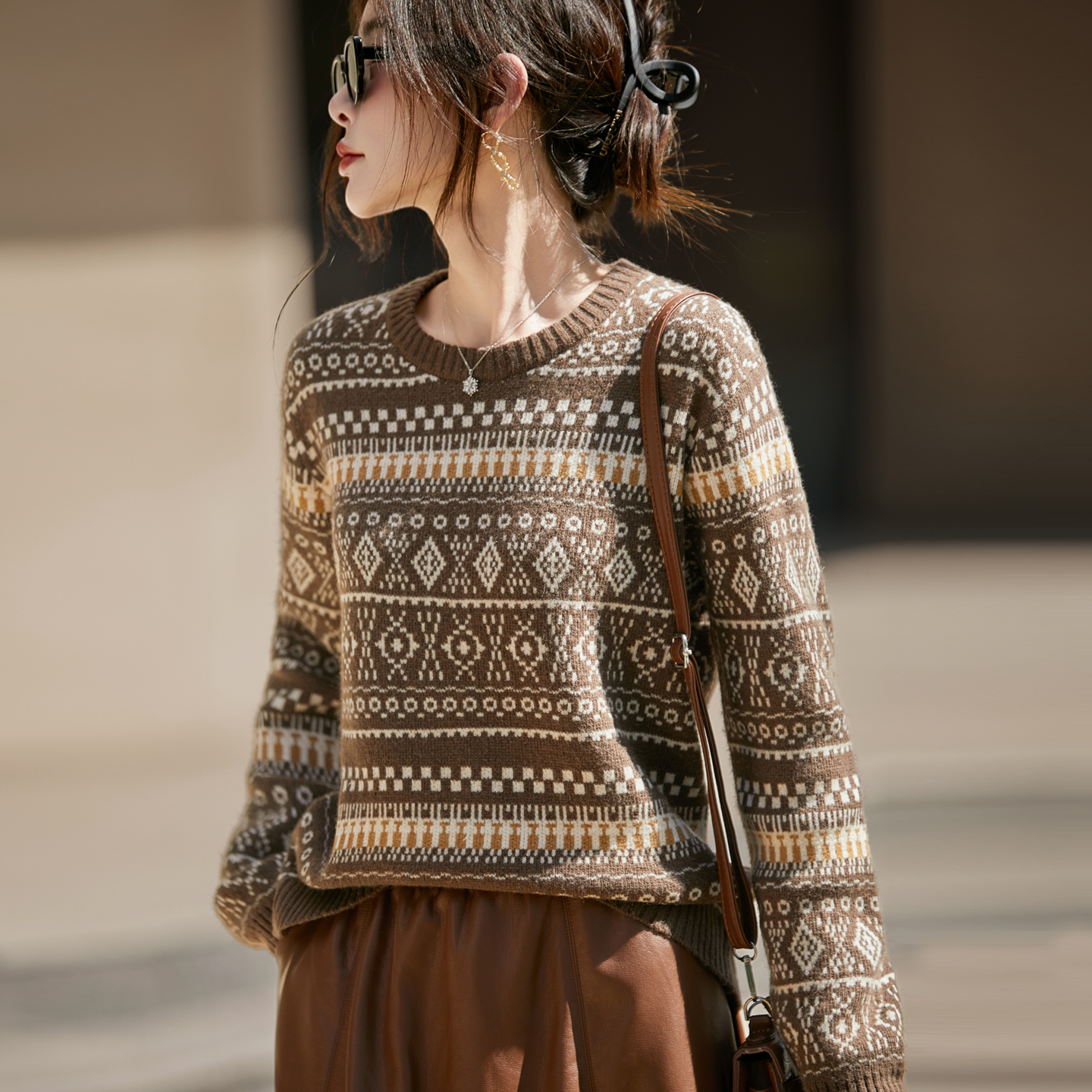 ROUMIKL法式费尔岛提花精纺毛针织衫女2025新款洋气内搭保暖打底