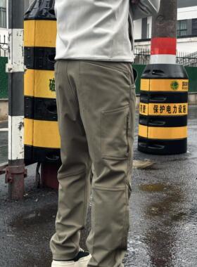 SOS秋冬加绒3D解构立裁弯刀裤弹力户外软壳冲锋裤口袋直筒休闲裤