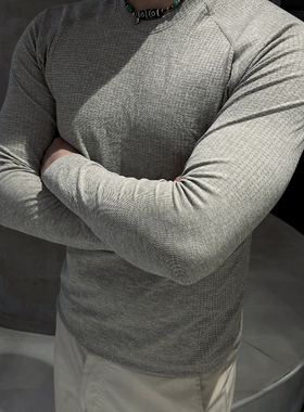 SOS美式MVT无缝提花运动长袖纯色训练健身修身T恤弹力圆领上衣男