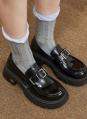 玛速主义2026年春季新款厚底粗跟乐福鞋时尚黑色小皮鞋百搭单鞋女