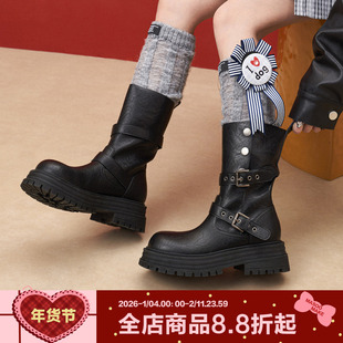 玛速主义2025年新款厚底粗跟骑士靴休闲百搭马丁靴时尚黑色短靴女