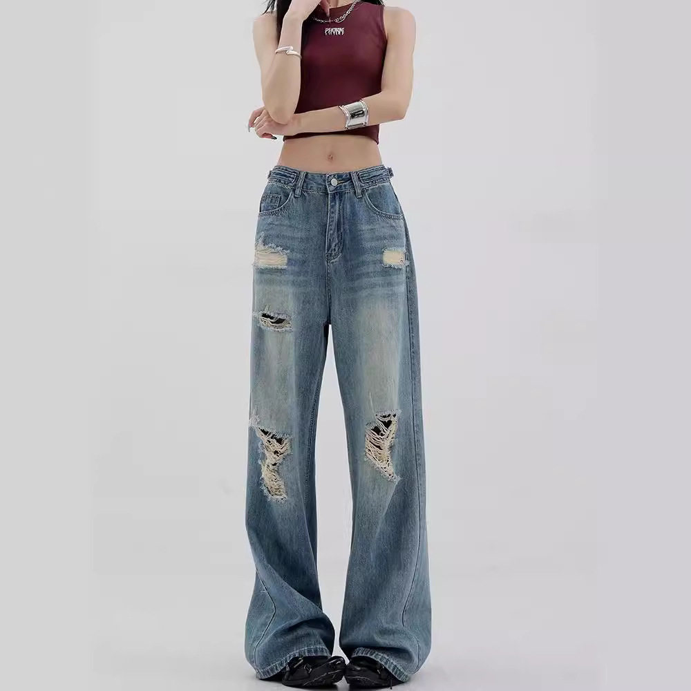 尚构美式蓝色水洗做旧阔腿破洞牛仔裤女2024夏季新款垂坠感拖地裤
