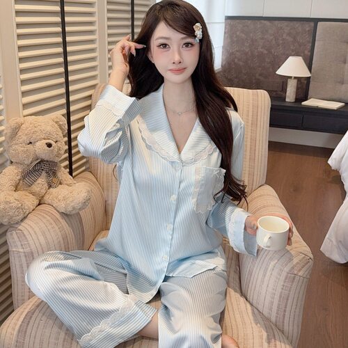 尚构睡衣女秋冰丝条纹长袖翻领家居服套装花边边可外穿高级感新款