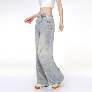 四季 潮流直筒阔腿牛仔裤 款 2025夏装 尚构新款 休闲裤 重工烫钻时尚