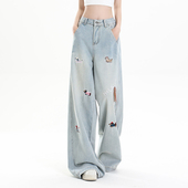 刺绣直筒牛仔裤 女2025年夏季 新款 韩版 宽松显瘦高腰百搭减龄阔腿裤