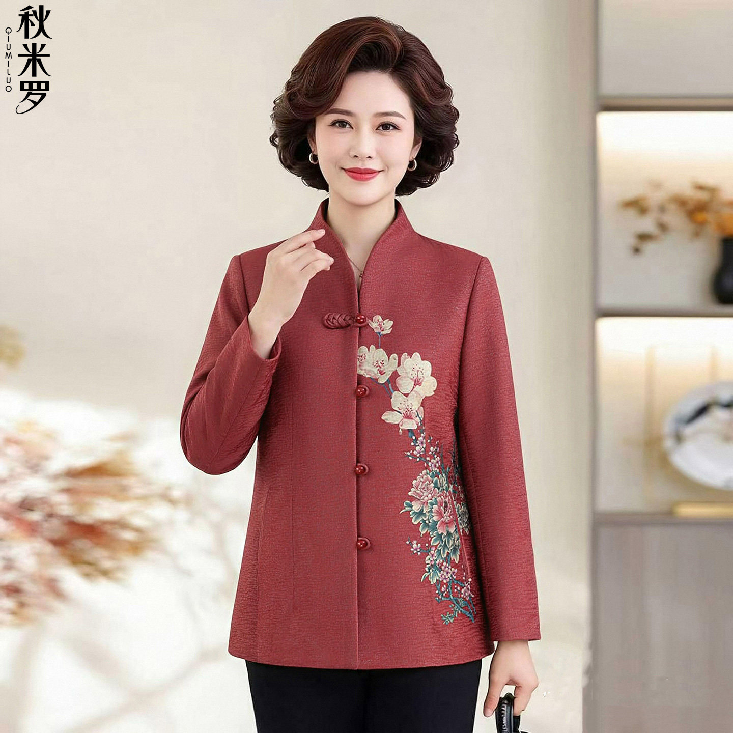 妈妈春秋立领唐装外套2026新款中老年女装贵夫人端庄大气毛呢大衣