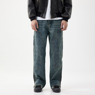 潮牌牛仔裤男宽松直筒高街工装重磅水洗2025新款压印花秋季长裤子