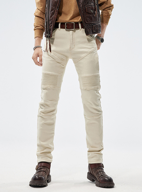 秋冬季白色拼接牛仔裤男士韩版修身小脚潮流水洗百搭休闲长裤子男