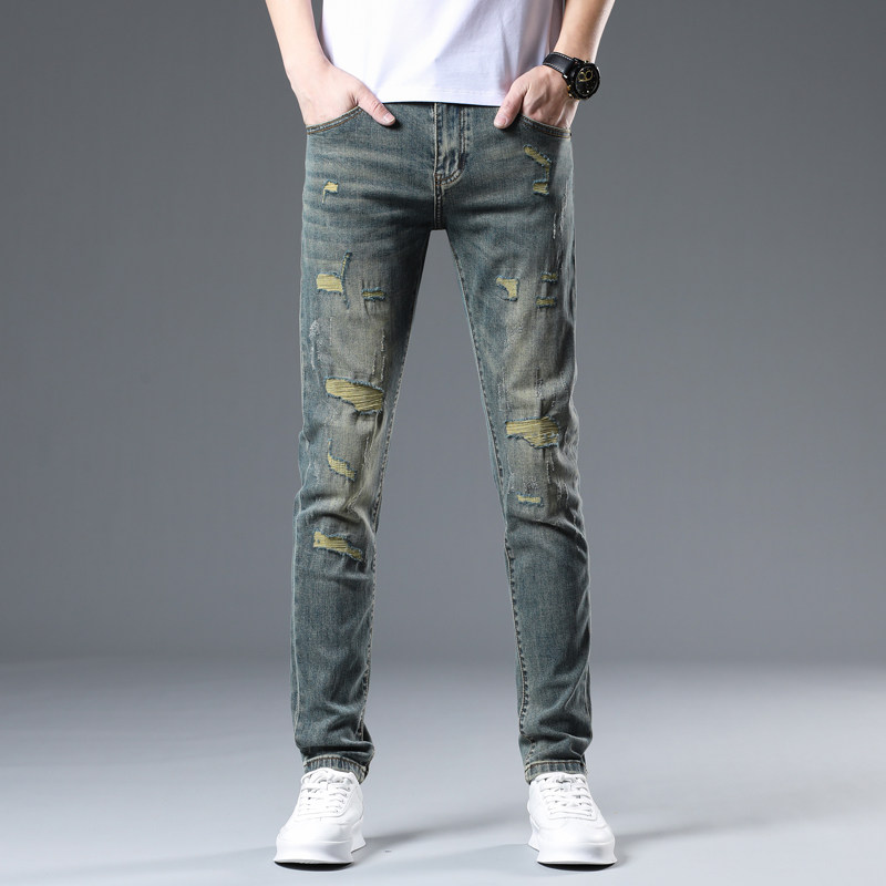 高端牛仔裤男款夏季2026年潮牌复古修身小脚弹力休闲百搭长裤子男