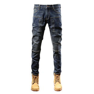春秋欧美个性时尚牛仔裤男潮休闲修身小脚弹力长裤拼接拉链乱刮痕