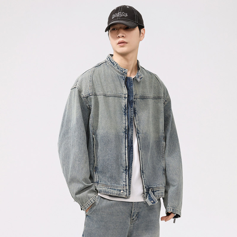 小众美式复古立领牛仔外套男高级感欧美街头痞帅机车牛仔夹克修身