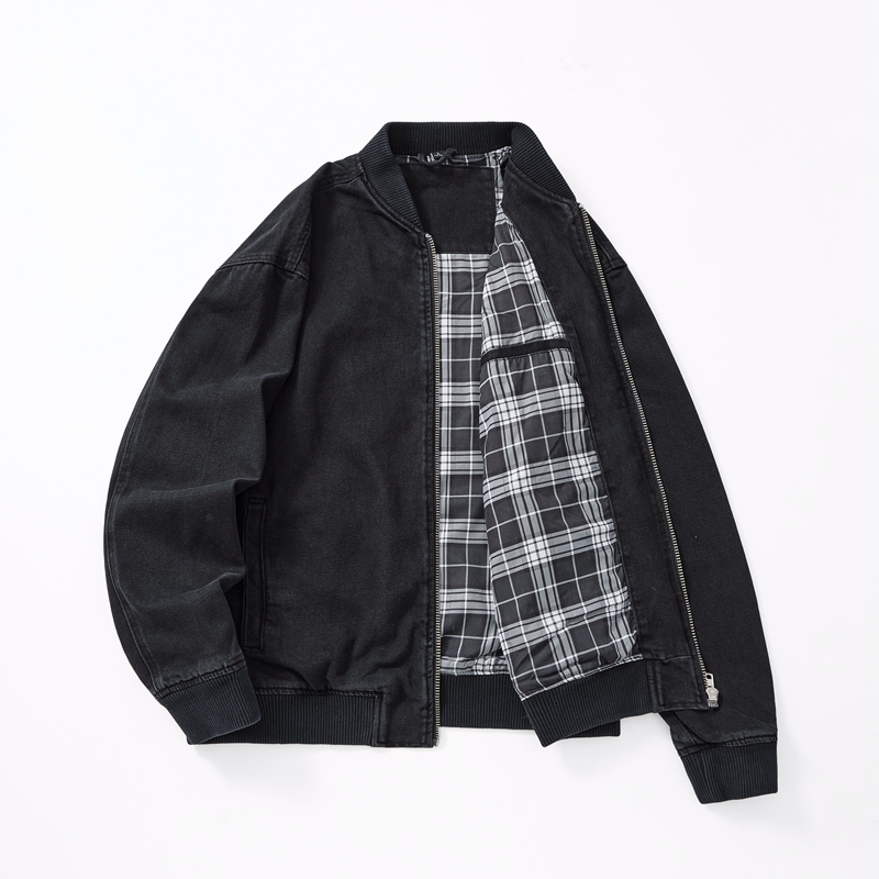 秋冬季经典黑色高端罗纹拉链双层牛仔外套男宽松大码内衬夹克男潮