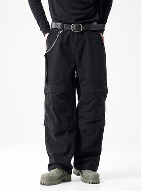 美式高街潮牌黑色纯棉阔腿多口袋工装裤男士宽松直筒垂感潮流痞帅