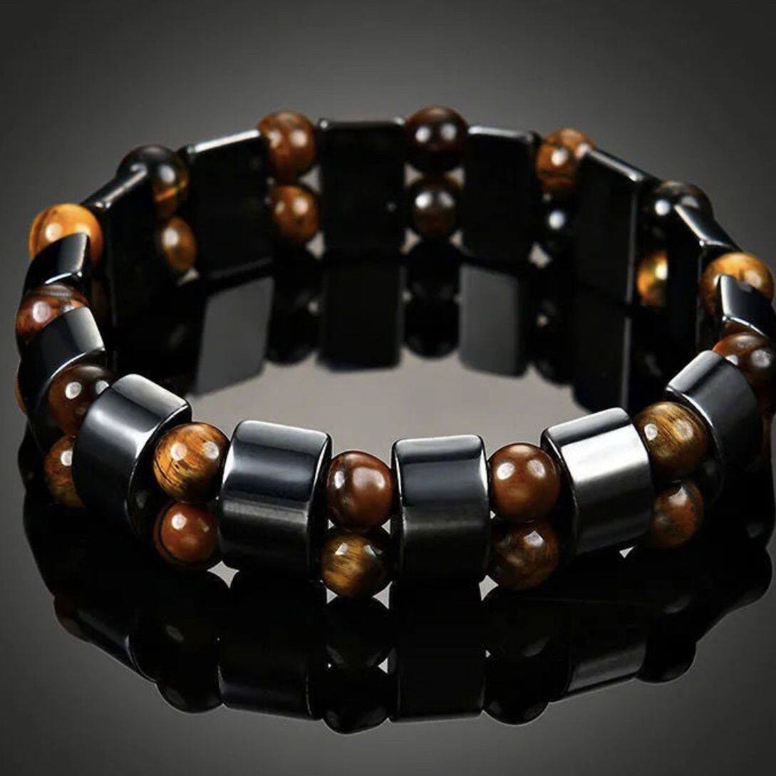 虎石双排手链朋克风黑胆石防静电磁疗手链养身保健能量磁手环饰品