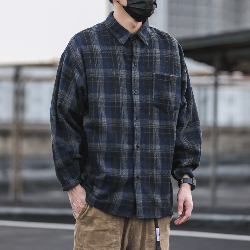 格子衬衫男长袖宽松磨毛呢子衬衣春秋日系复古休闲冬季内搭厚外套,男装,衬衫,淘宝优惠券,粉丝福利购,淘宝优惠卷