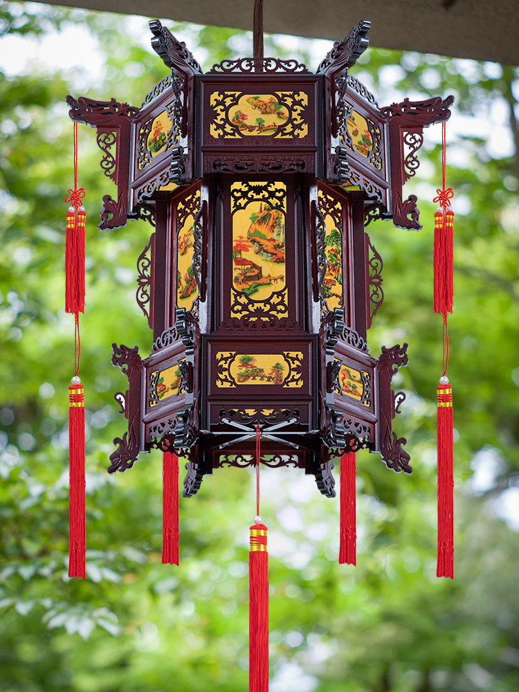 中式大红灯笼仿古别墅实木自建房阳台灯笼灯挂饰户外吊灯中国风宫