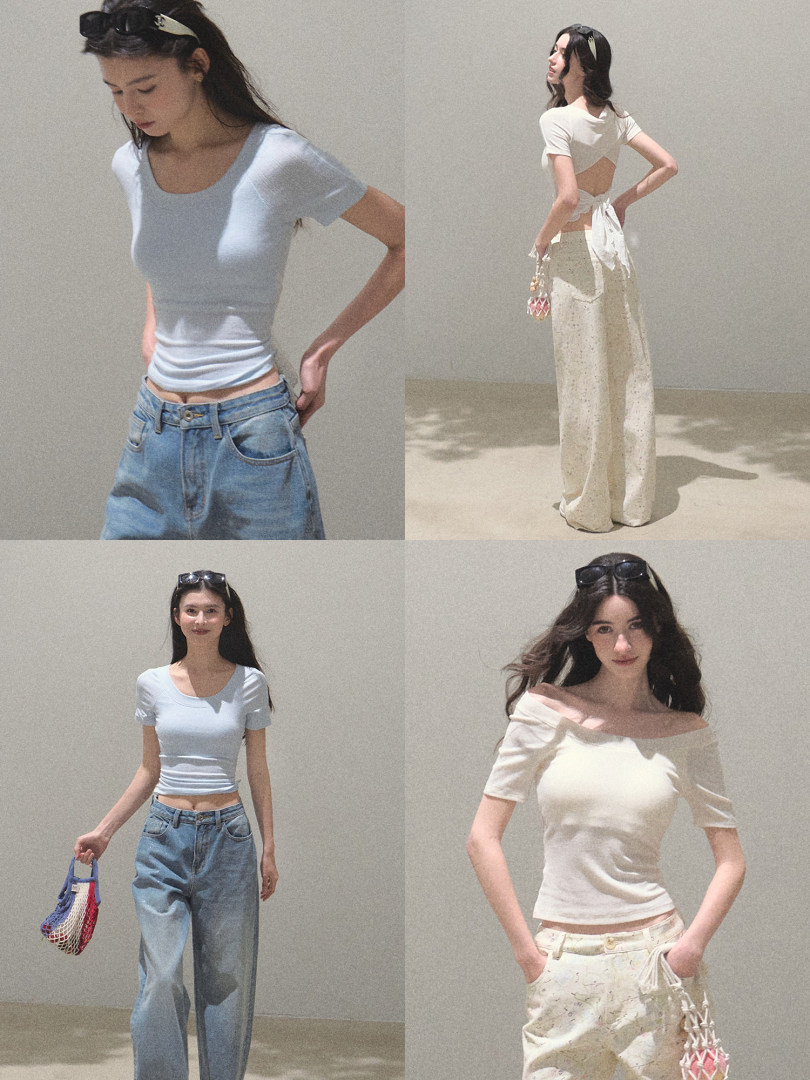Collage of a woman modeling fitted short-sleeve tops with jeans and wide-leg pants