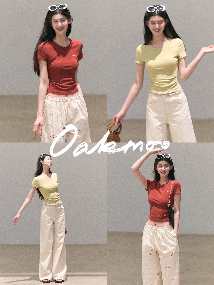 Model wearing fitted short-sleeve tops with cream wide-leg pants in a fashion collage