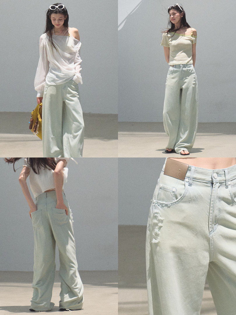 Light blue wide-leg pants worn by a model in multiple views