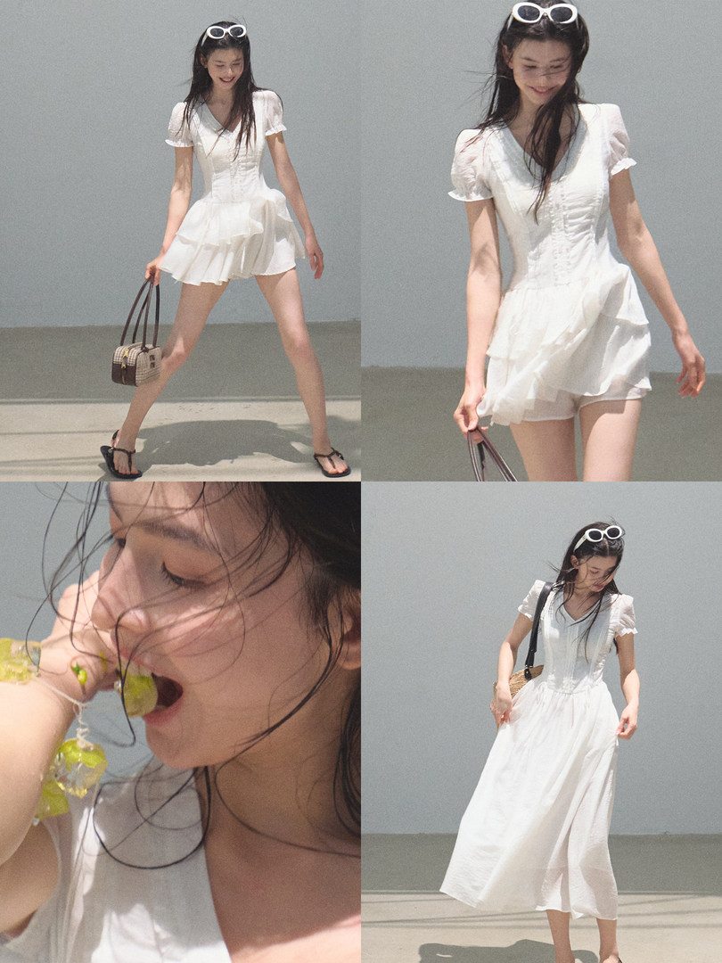 White feminine dress worn by a model in a fashion collage
