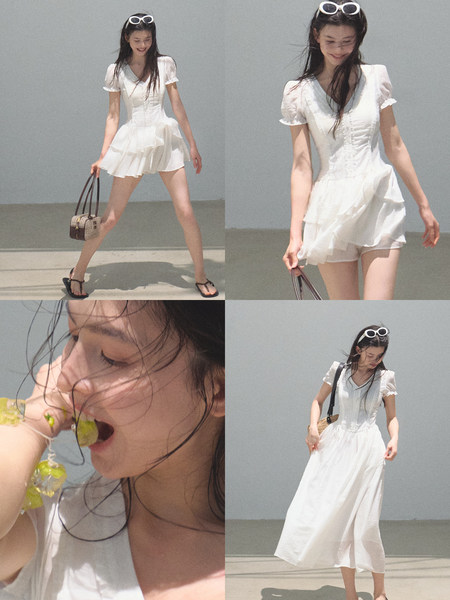 White feminine dress worn by a model in a fashion collage