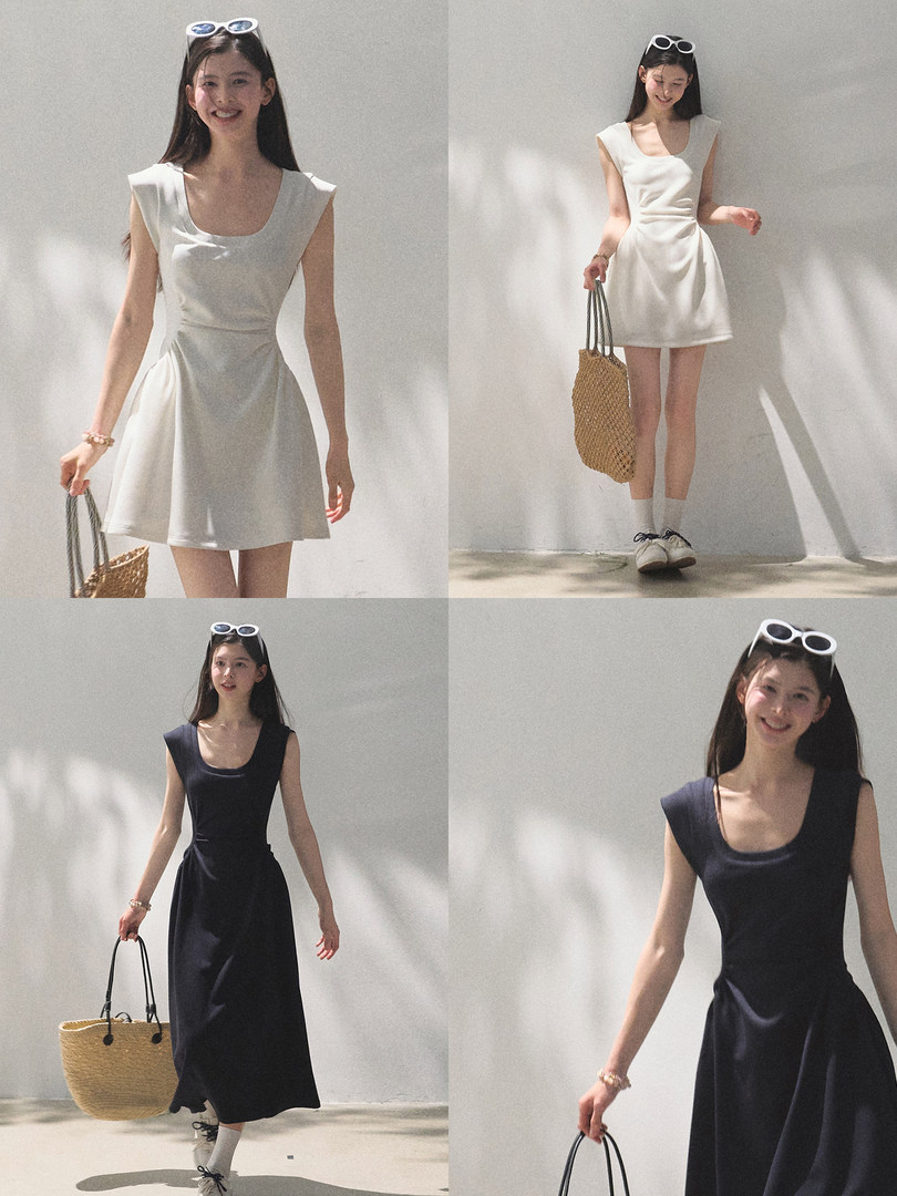 Model wearing sleeveless dresses in white and black