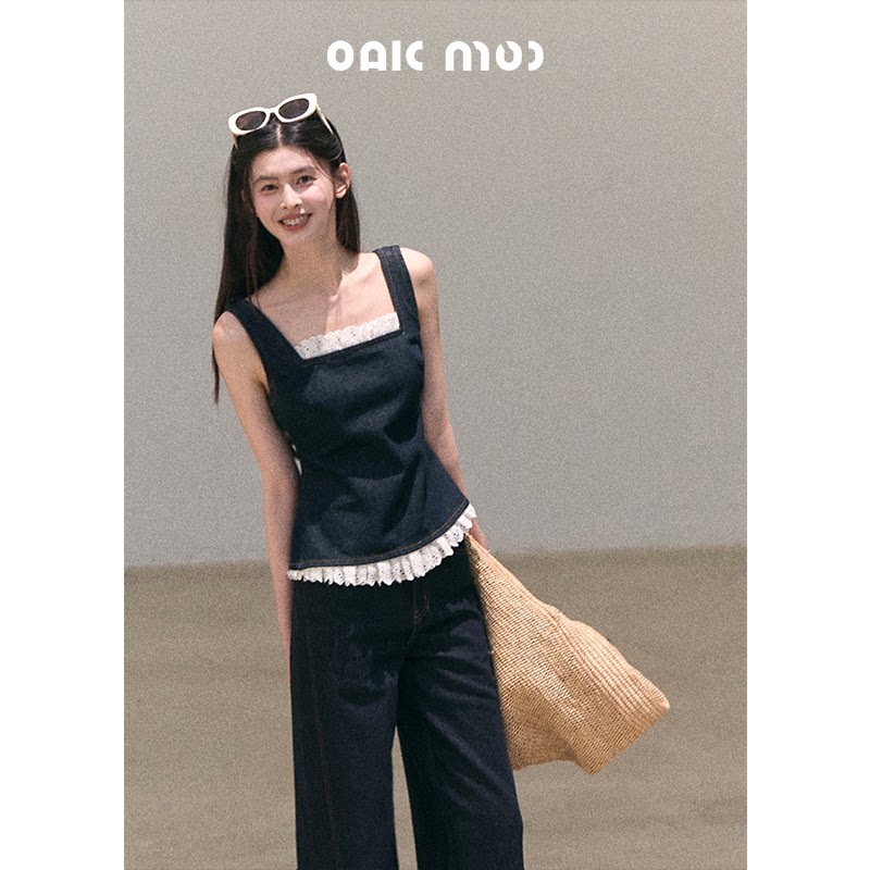 thumbnail for OAKMOO "Sun-Bathed" Bohemian Lace Denim Camisole Wide-Leg Pants Resort Style Suit