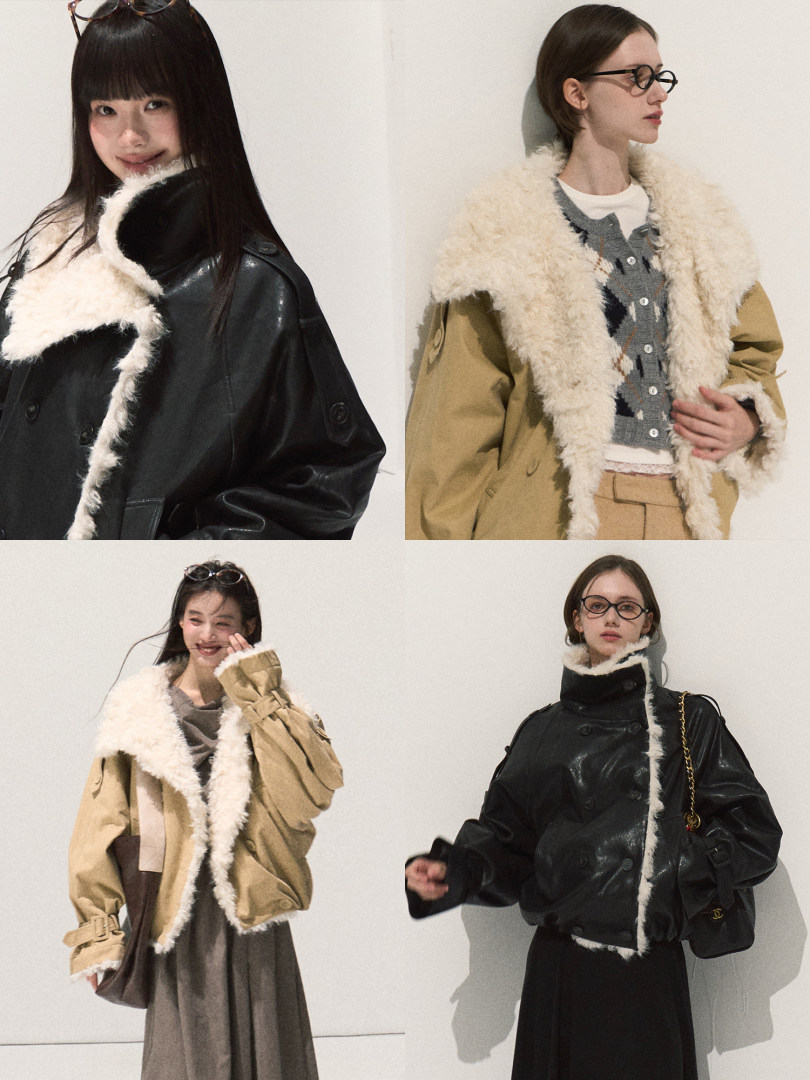 Models wearing shearling-lined leather jackets and coats