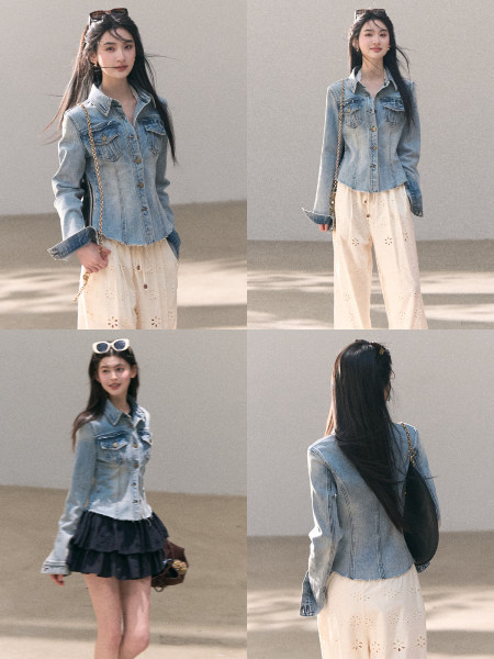 Light blue denim jacket worn by a model in a fashion collage