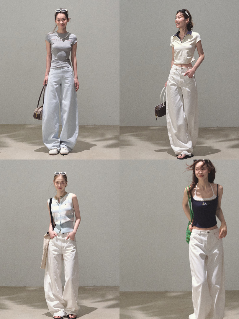 Collage of models wearing white wide-leg pants styled with casual tops and handbags
