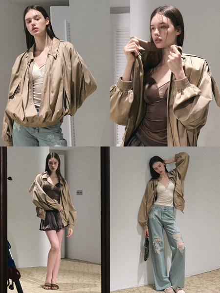 Model wearing a beige oversized bomber jacket in multiple poses