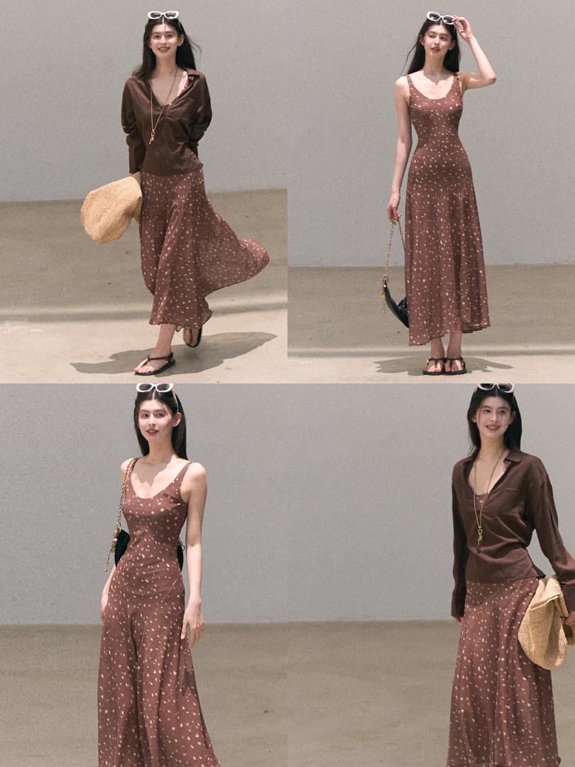 Brown patterned sleeveless dress styled on a model in multiple views
