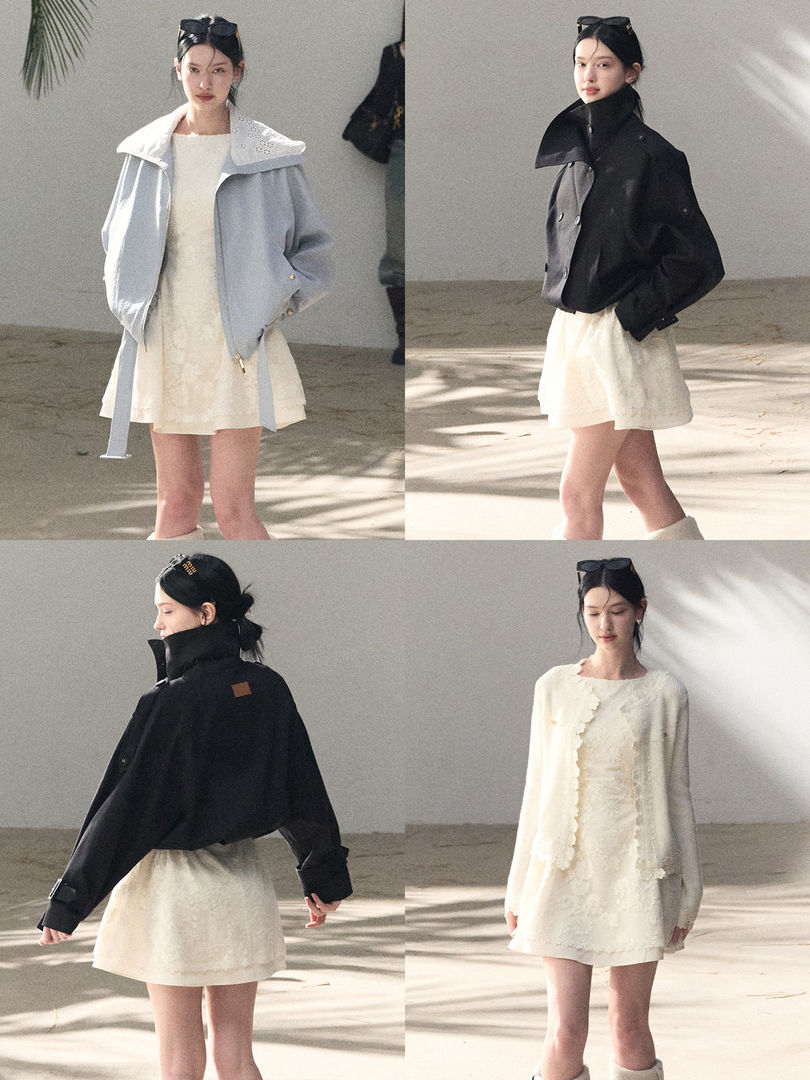 Model wearing a structured jacket over a cream mini dress in multiple colorways