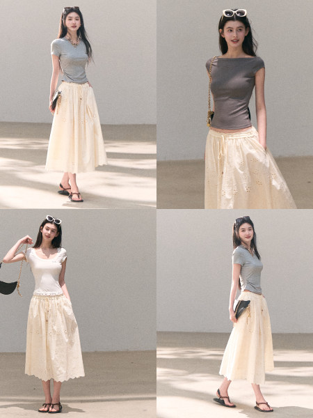 Four-panel collage of a model wearing a light cream eyelet midi skirt with fitted tops
