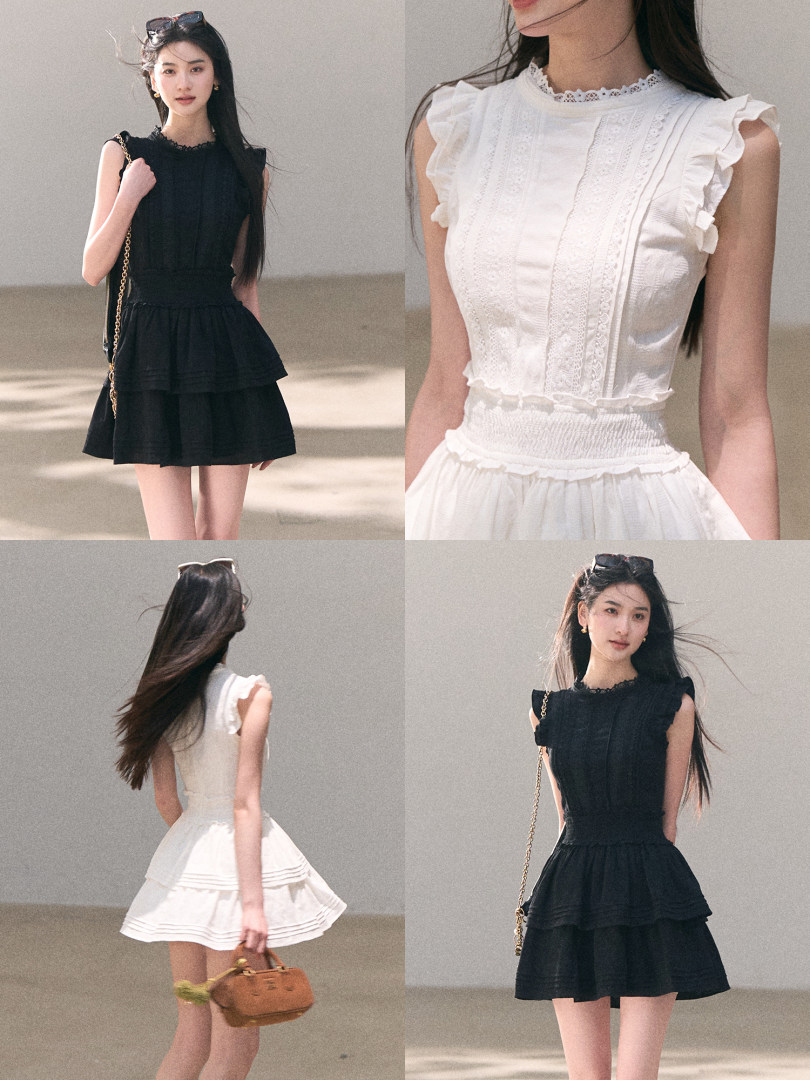 Model wearing sleeveless ruffled dress in black and white