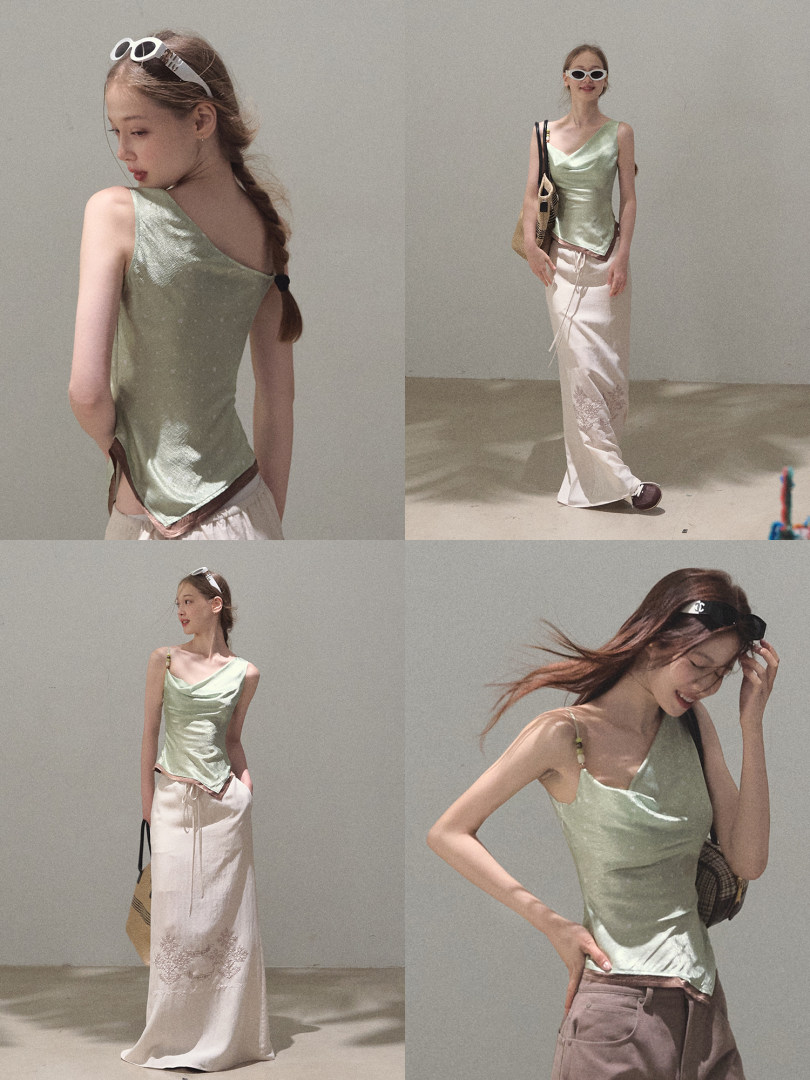 Model wearing a light green satin camisole top with white skirt in a fashion photo collage