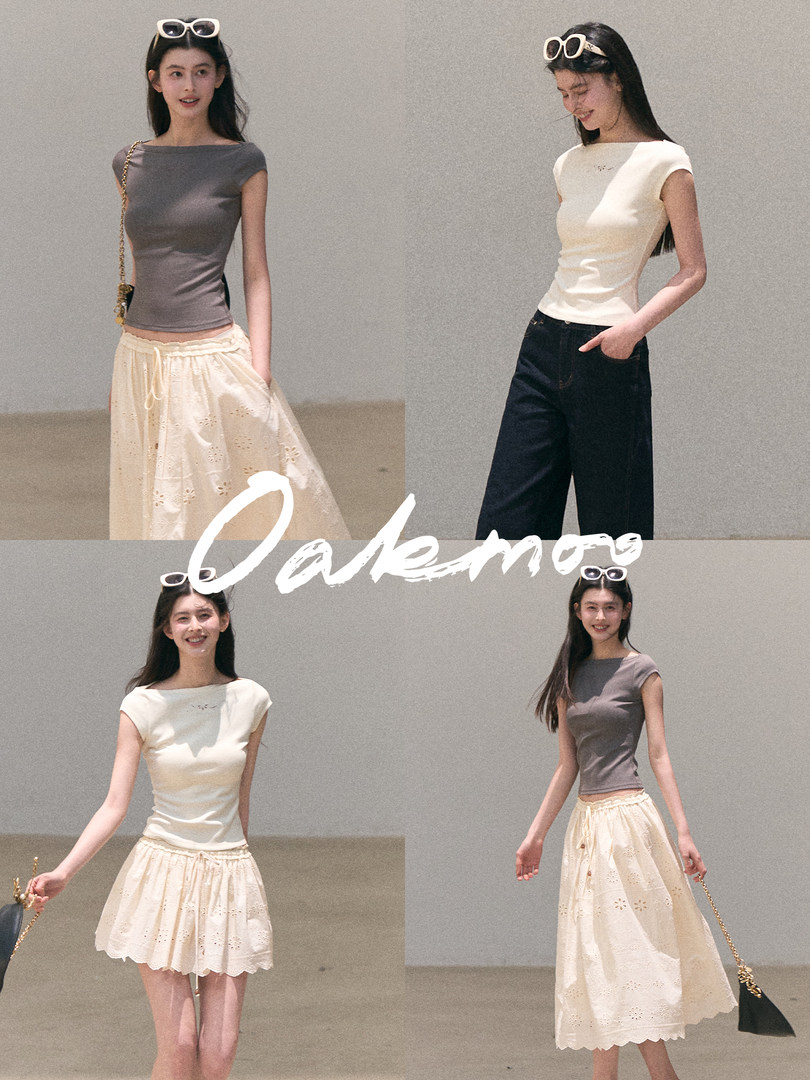 Model collage showing sleeveless tops paired with a cream skirt and dark pants