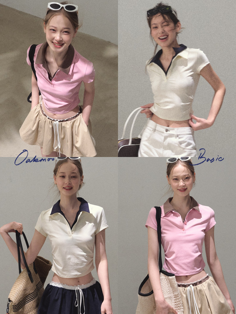 Collage of models wearing short-sleeve polo tops in pink and cream