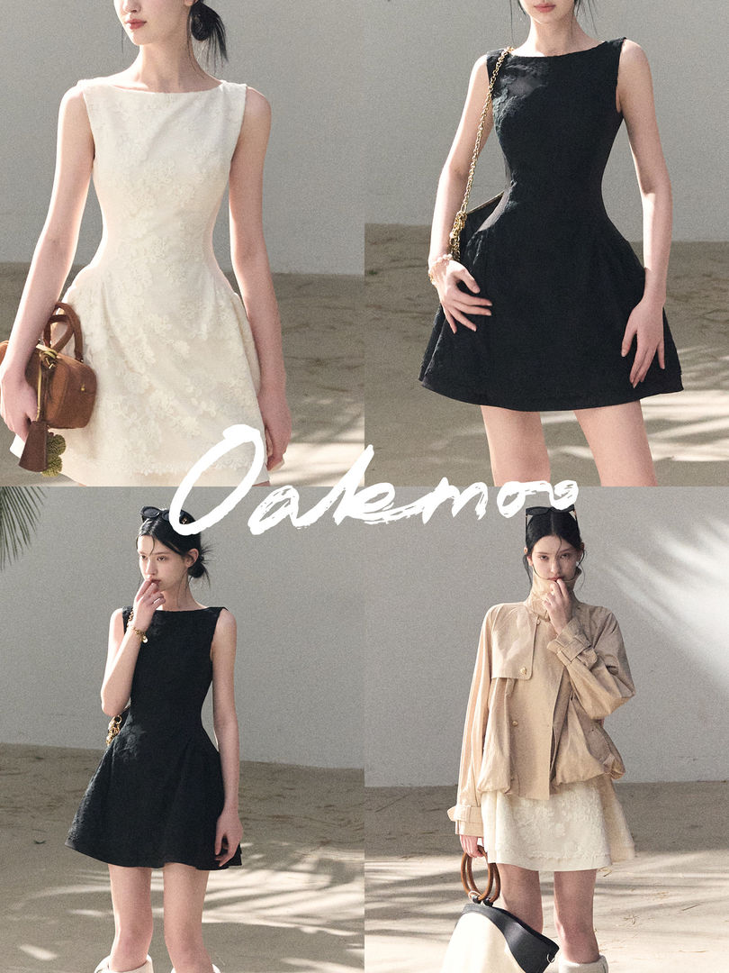 Collage of models wearing elegant sleeveless mini dresses in white and black