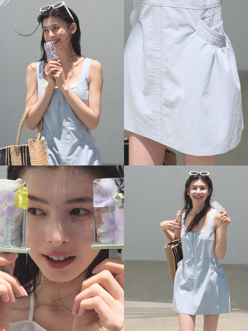 Light blue sleeveless dress worn by a model in a collage of product photos